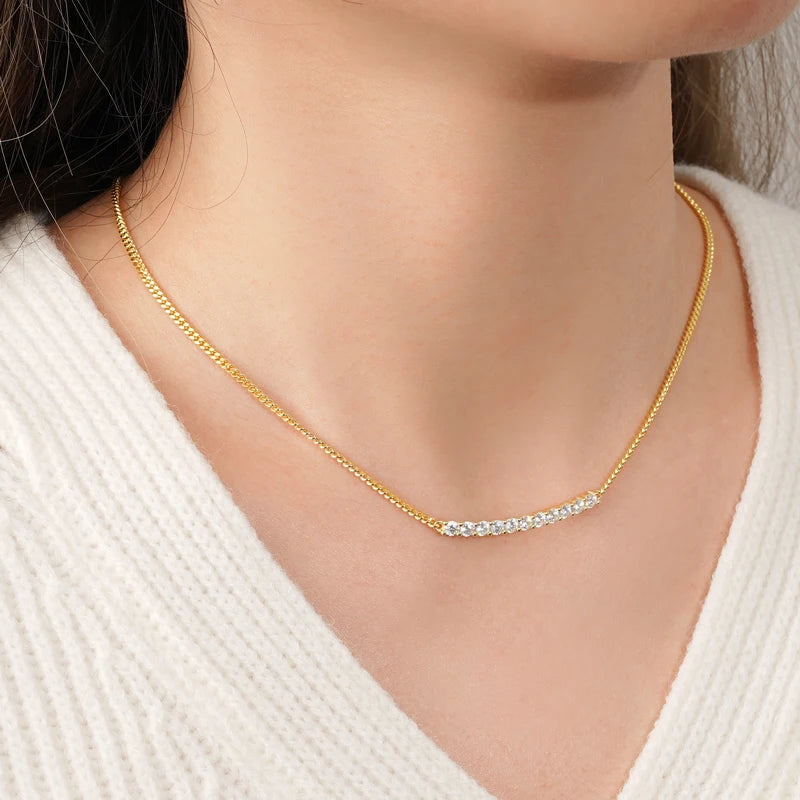 925 Silver Round Cut D1.10CT 3mm Moissanite Pendant Necklace for Women Curved Bar Smile Cuban Necklace Choker Jewelry 2024 New - Uknowucme