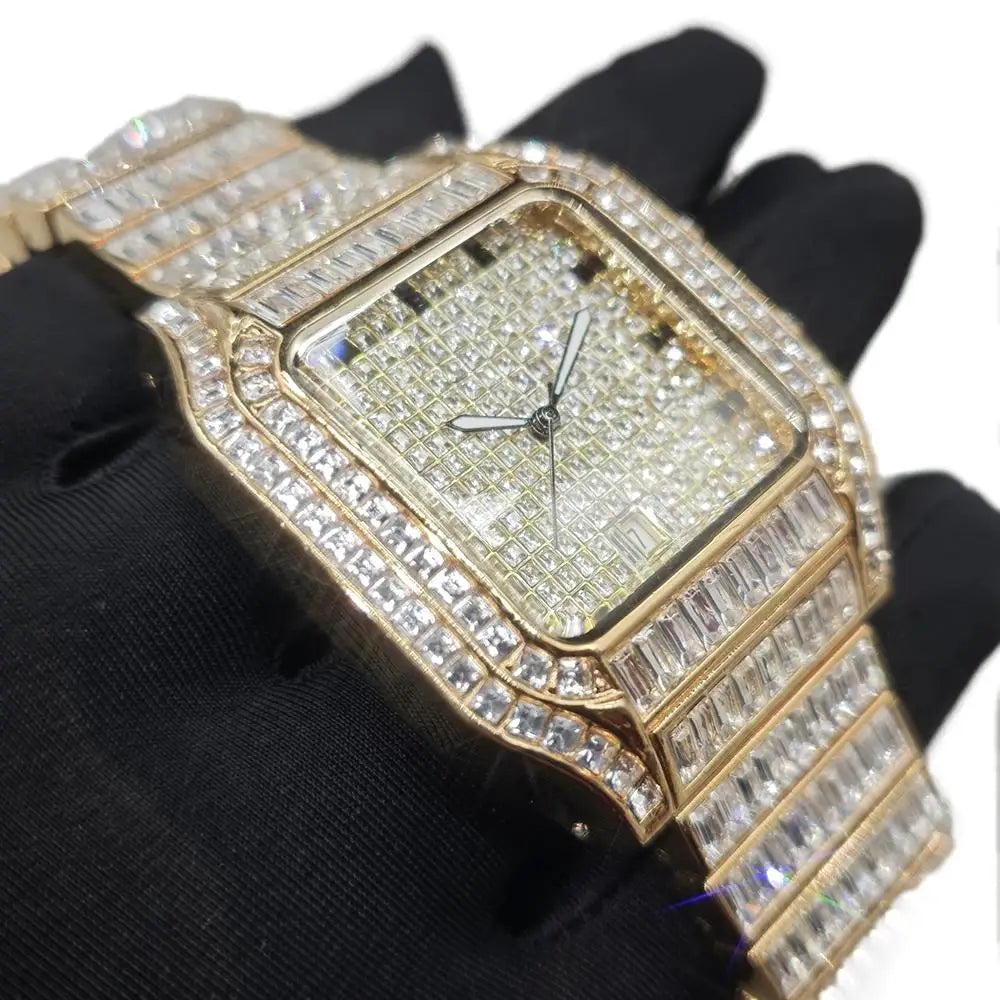 Hot Luxury Square Diamond Watch for Men Hip Hop Style Bling Bling Iced Out Wristwatch Fashion Stainless Steel Waterproof Clock - Uknowucme