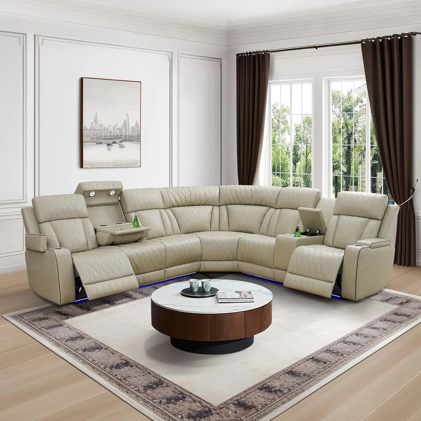 Power Recliner Sectional Sofa with LED Light, Breathing Leather Power Reclining Sofa, Sectional Reclining sofas with USB Port - Uknowucme