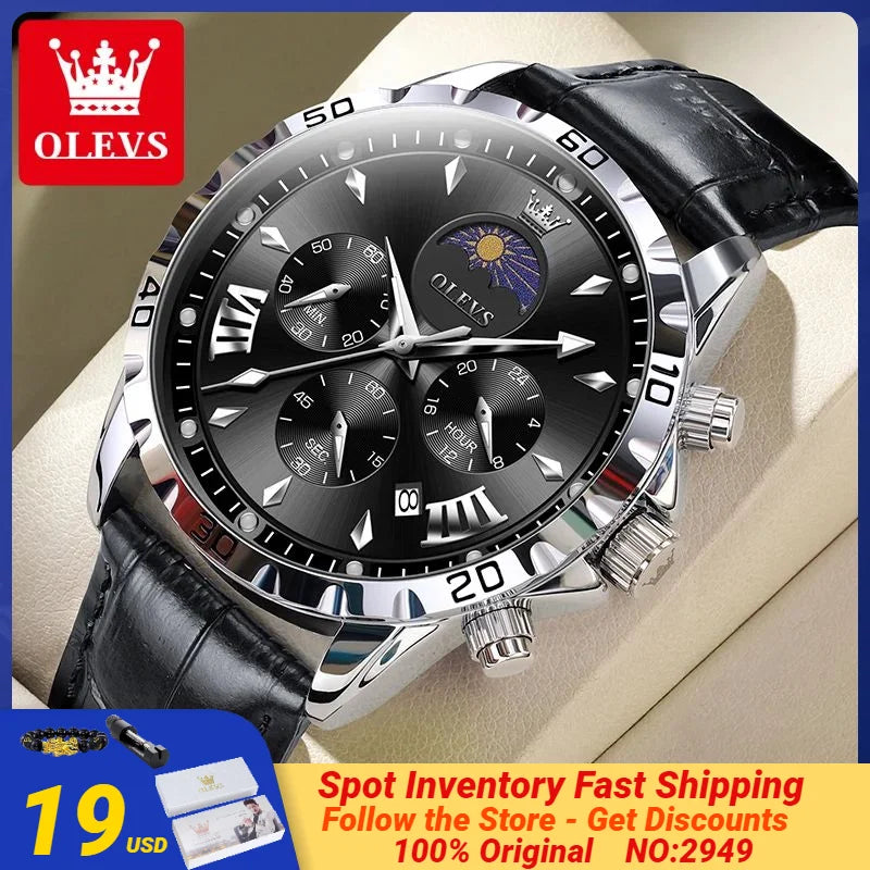 OLEVS 2949 Original Men's Watches Exclusive Design Chronograph Moon Phase Waterproof Leather strap Trend Male Wristwatches - Uknowucme