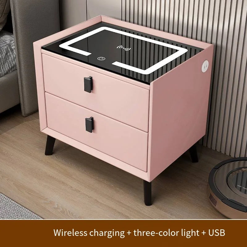 Luxurious Solid Wood Nightstand Three-Drawer Smart Bedside Table Compact Bedroom Leather Accents Integrated Wireless Charging