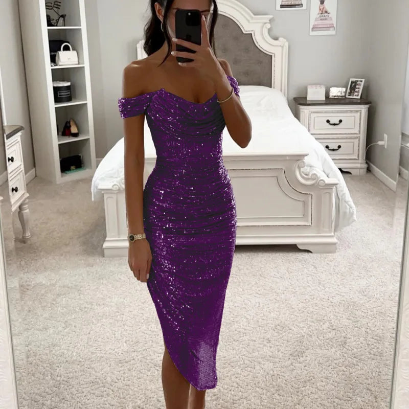 Sexy Asymmetrical Shinny Glitter Fold Long Dress Women Elegant Solid 2024 Winter Banquet Dresses One Shoulder Bodycon Party Robe - Uknowucme
