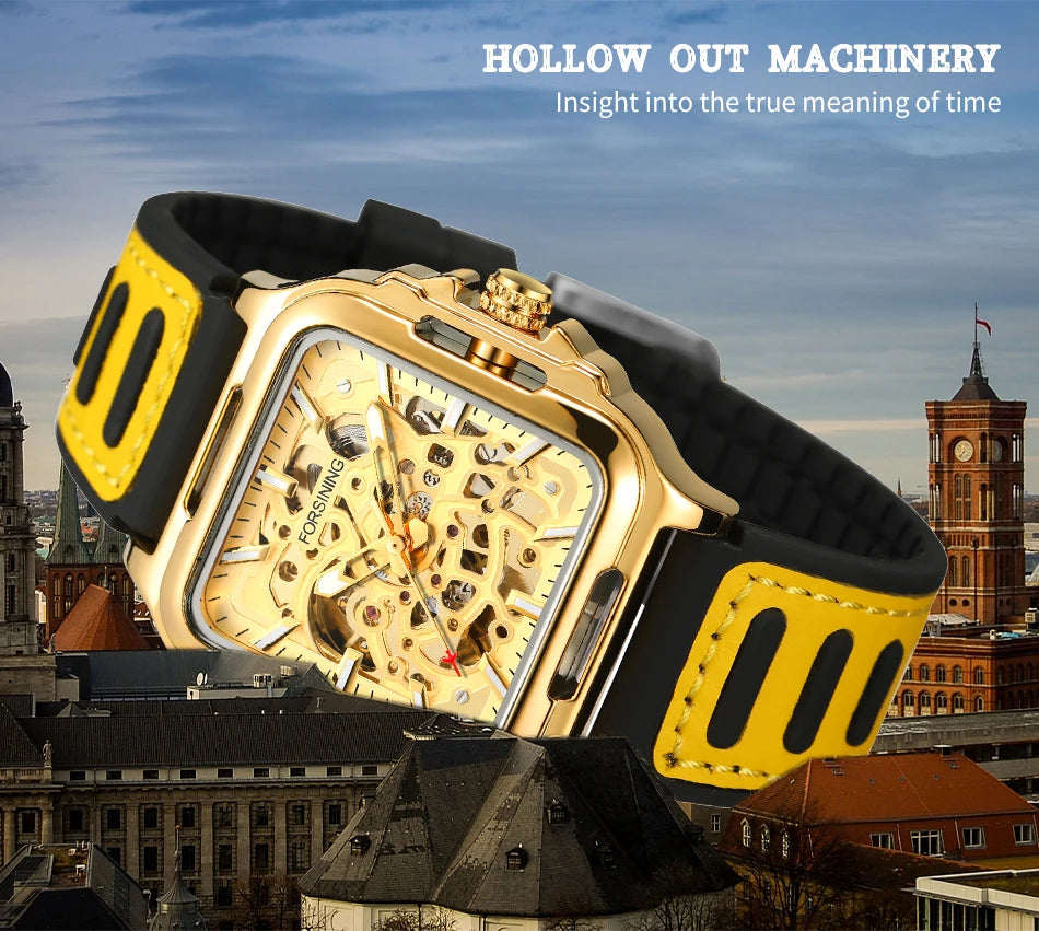 FORSINING Original Square Skeleton Mechanical Man Wristwatches Automatic Movement Field Sports Waterproof Silicone Replica Watch - Uknowucme