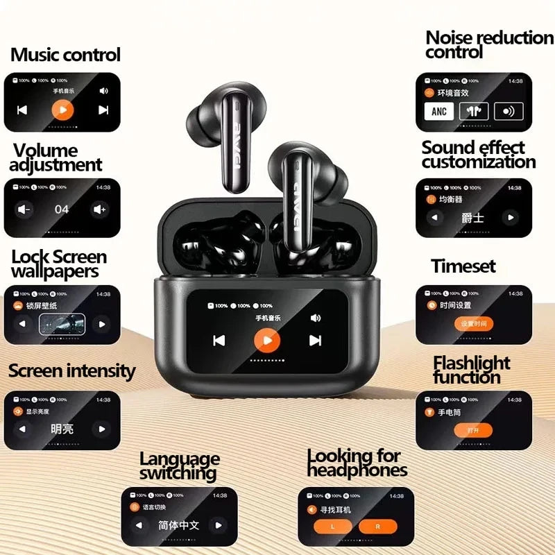 AWEI T56 ANC Wireless Bluetooth V 5.4 Earphones Noise Reduction Headphones Full-Color LED Touchscreen TWS Sport Headest With Mic - Uknowucme