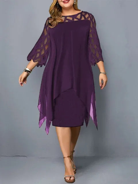 Sleeve Hollow Out Solid Sexy Women'S Clothing Evening Dresses 2023 Elegant Midi Party Dress For Chubby Women Xxl O Neck Lace - Uknowucme