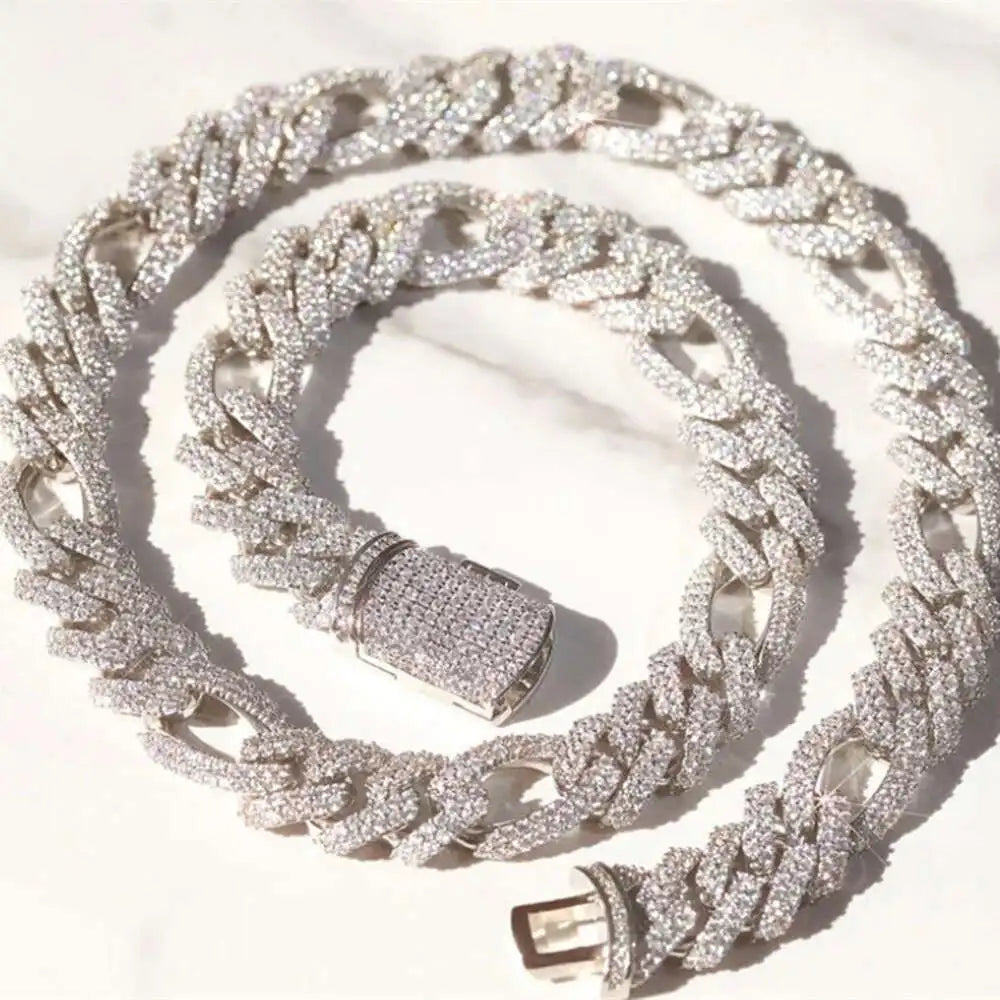 Hip Hop Jewelry Iced Out Prong Setting 13mm Silver Vvs Moissanite Cuban Figaro Link Chain - Uknowucme