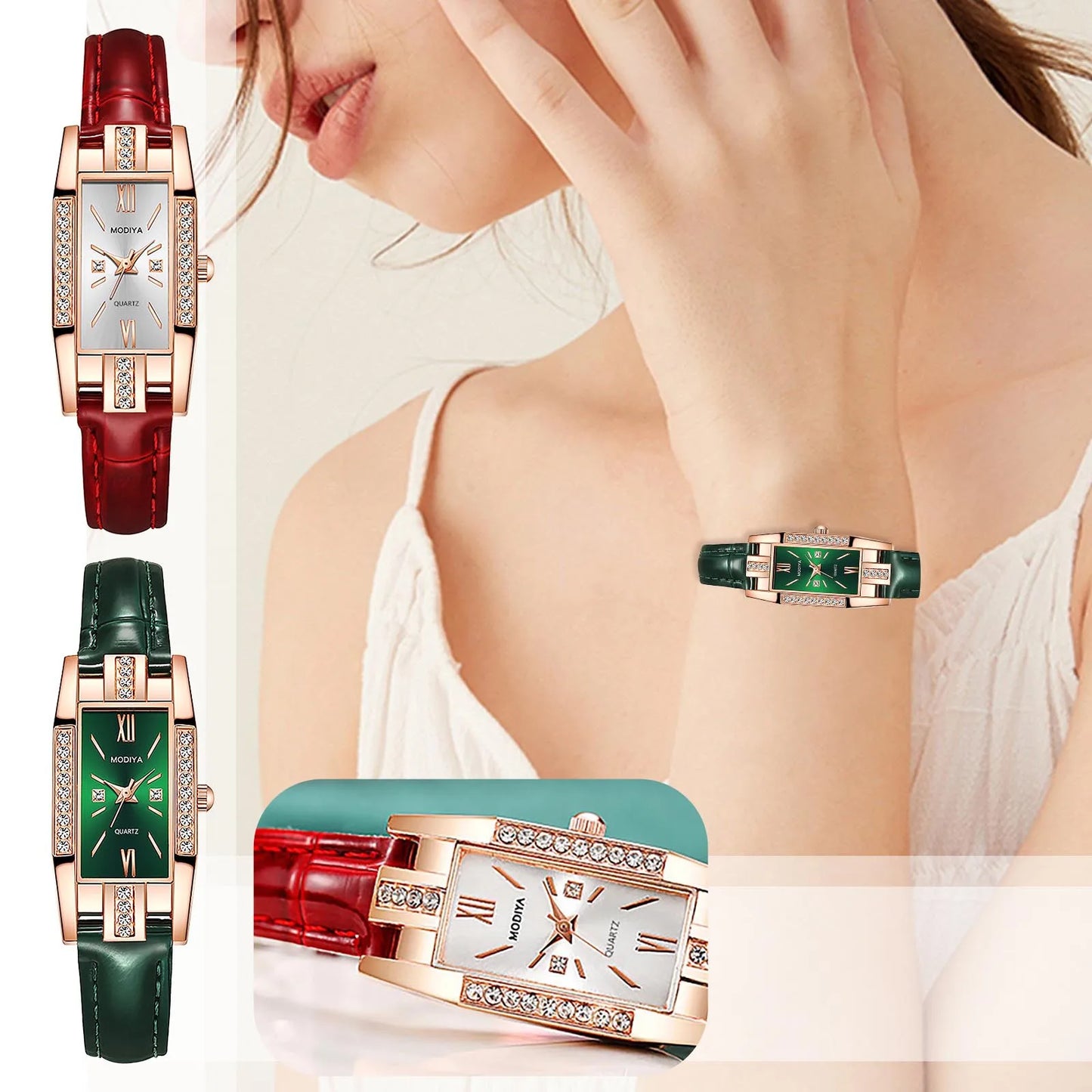 Womens Watches Fashion Square Ladies Quartz Watch Bracelet Set Green Dial Simple Leather Luxury Women Watches - Uknowucme