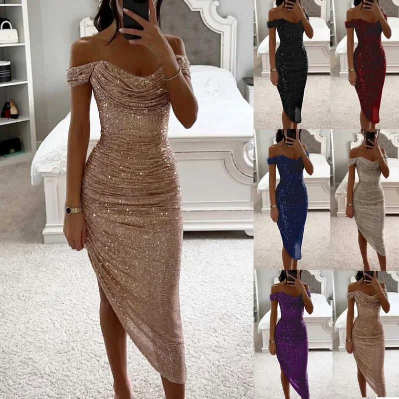 Sexy Asymmetrical Shinny Glitter Fold Long Dress Women Elegant Solid 2024 Winter Banquet Dresses One Shoulder Bodycon Party Robe - Uknowucme