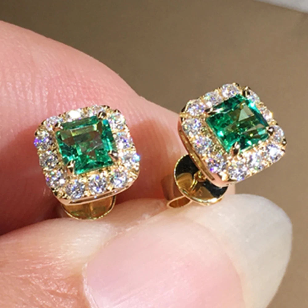 Huitan Eternity Green CZ Stud Earrings for Women Gold Color Luxury Bride Wedding Earrings Elegant Ear Accessories Party Jewelry - Uknowucme