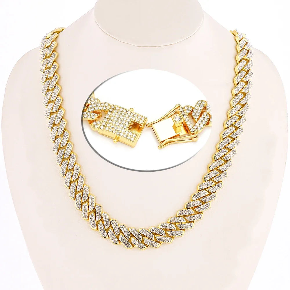 Hip Hop Shiny 15MM Cuban Link Chain Necklace Women Men Silver Color Rhinestone Iced Out Cuban Chain Punk Jewelry Necklace Gift - Uknowucme