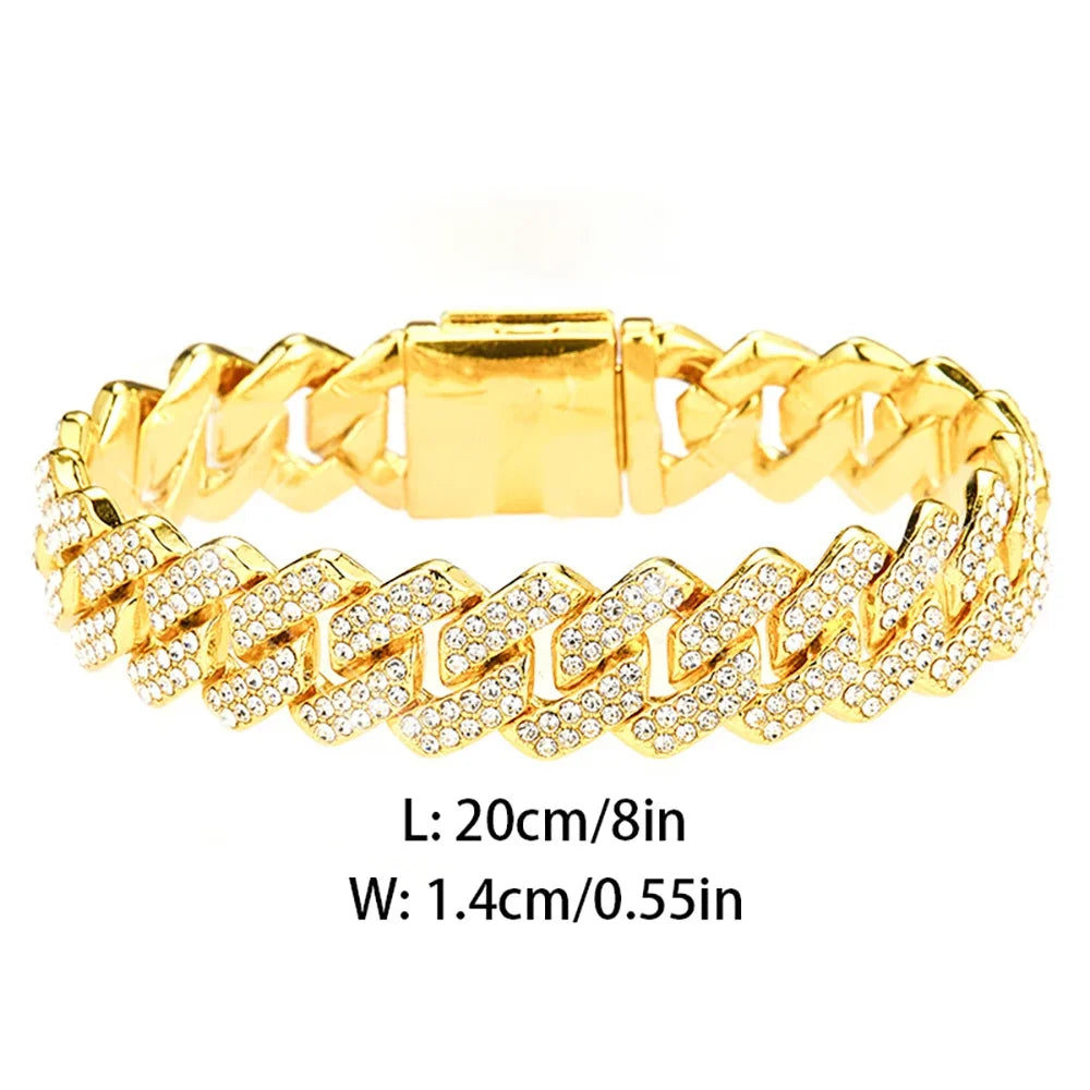Hip Hop Shiny 15MM Cuban Link Chain Necklace Women Men Silver Color Rhinestone Iced Out Cuban Chain Punk Jewelry Necklace Gift - Uknowucme