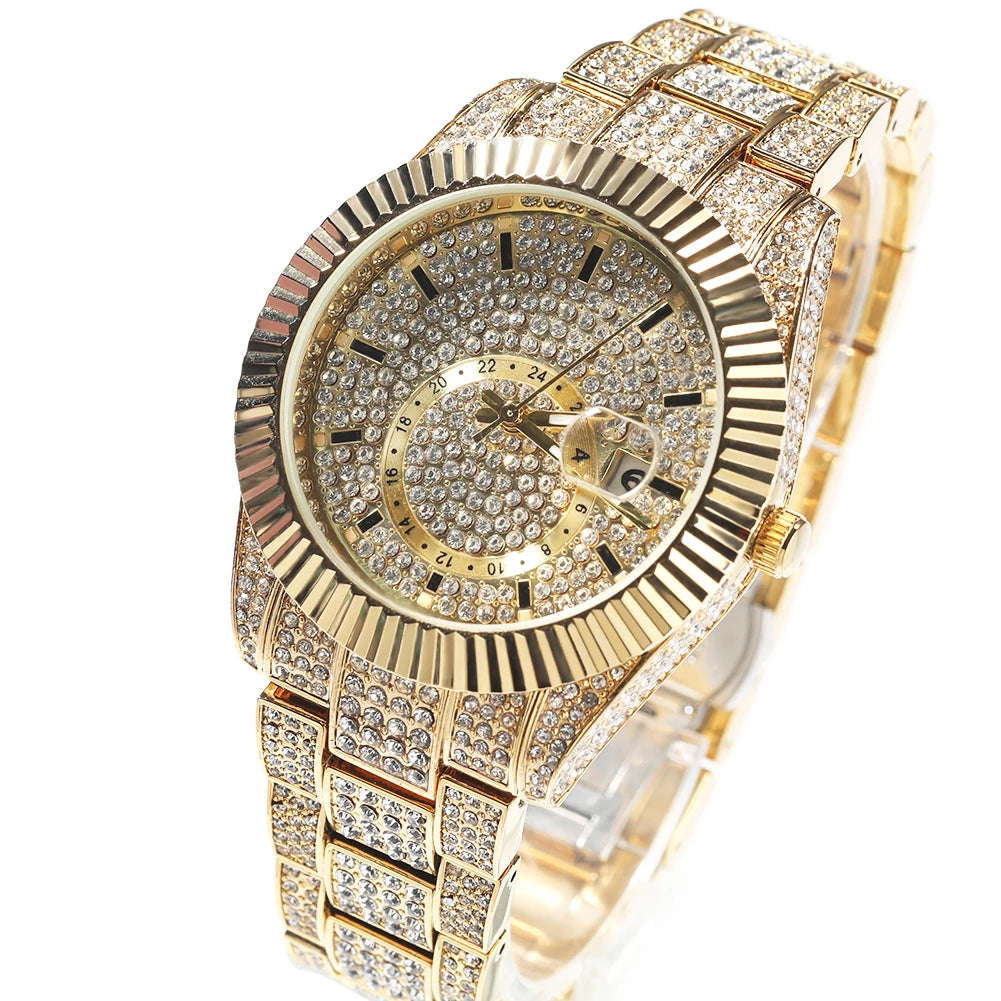 THE BLING KING Men's Watch Iced Out Quartz Clock Luxury Top Quality Rhinestone Automatic Date Business Waterproof Wrist Watches - Uknowucme