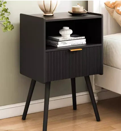 Nightstand Modern Bedside Table Charging Station And LED Lights Night Stand Storage Drawer Solid Wood Legs Organizer Vanity