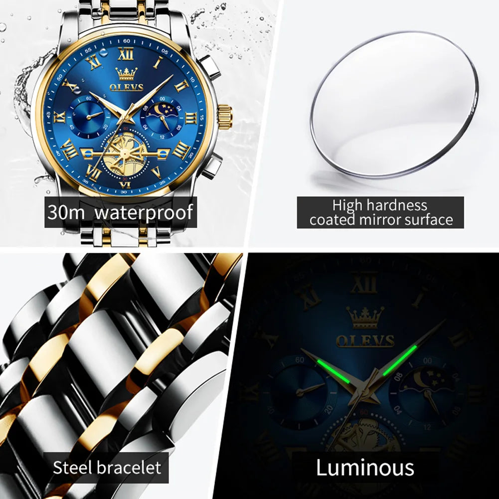 OLEVS 2859 Moon Phase Men Watches Chronograph High End Watches Man Stainless Steel Waterproof Quartz Watch for Men Luxury Brand - Uknowucme