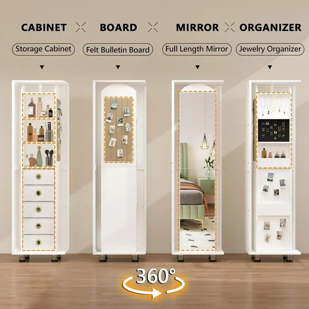 Vanity, 360° Swivel Cabinet with Full-Length Mirror, Jewelry Storage Shelf & Bulletin Board, Vanity Table with Charging Station - Uknowucme