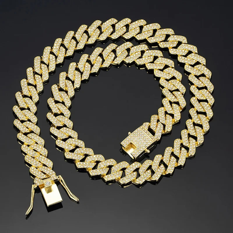 Hip Hop Shiny 15MM Cuban Link Chain Necklace Women Men Silver Color Rhinestone Iced Out Cuban Chain Punk Jewelry Necklace Gift - Uknowucme