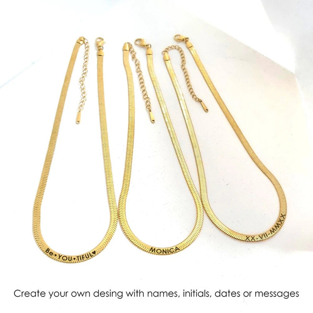 Italian Snake Chain Custom Engraved Name Necklace Herringbone Chain Letter Necklace Women Personalized Stainless Steel Jewelry - Uknowucme