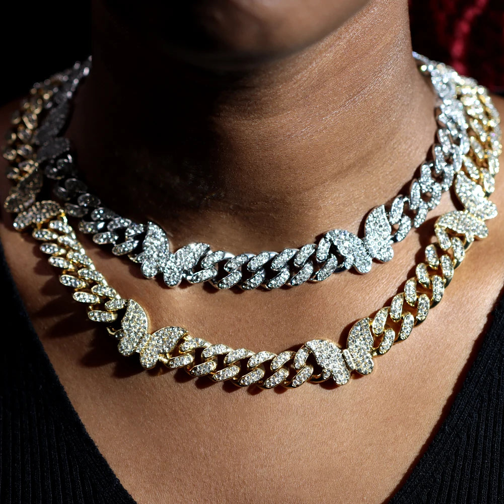 Hip Hop Iced Out Cuban Link Chain Butterfly Necklace for Women Gold Silver Color Rhinestone Paved Miami Cuban Necklaces Jewelry - Uknowucme