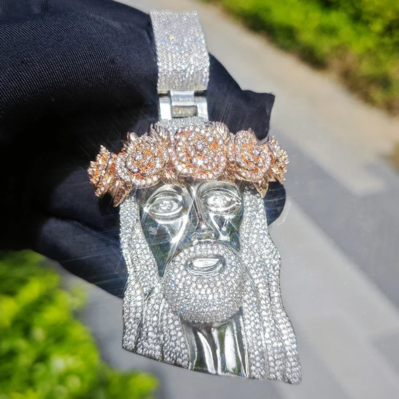 Hip Hop 5A+ CZ Stone Paved Bling Ice Out Rose Flower JESUS PIECE Pendants Necklaces for Men Rapper Jewelry Gold Silver Color - Uknowucme