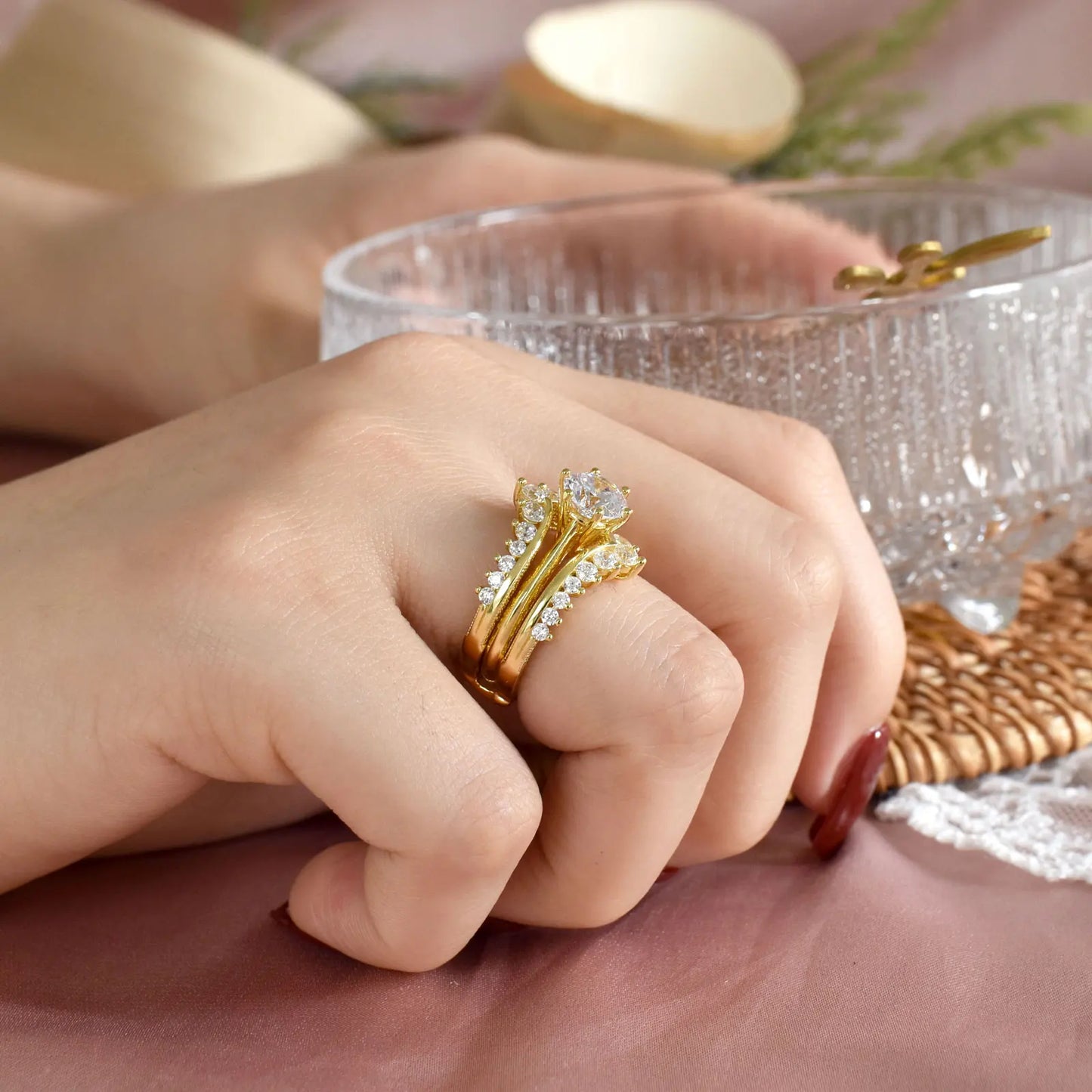 Newshe 14k Yellow Gold Bridal Ring Set for Women 2Ct Round Cut AAAAA Cubic Zircon Wedding Engagement Anniversary Band BR1167_Y - Uknowucme