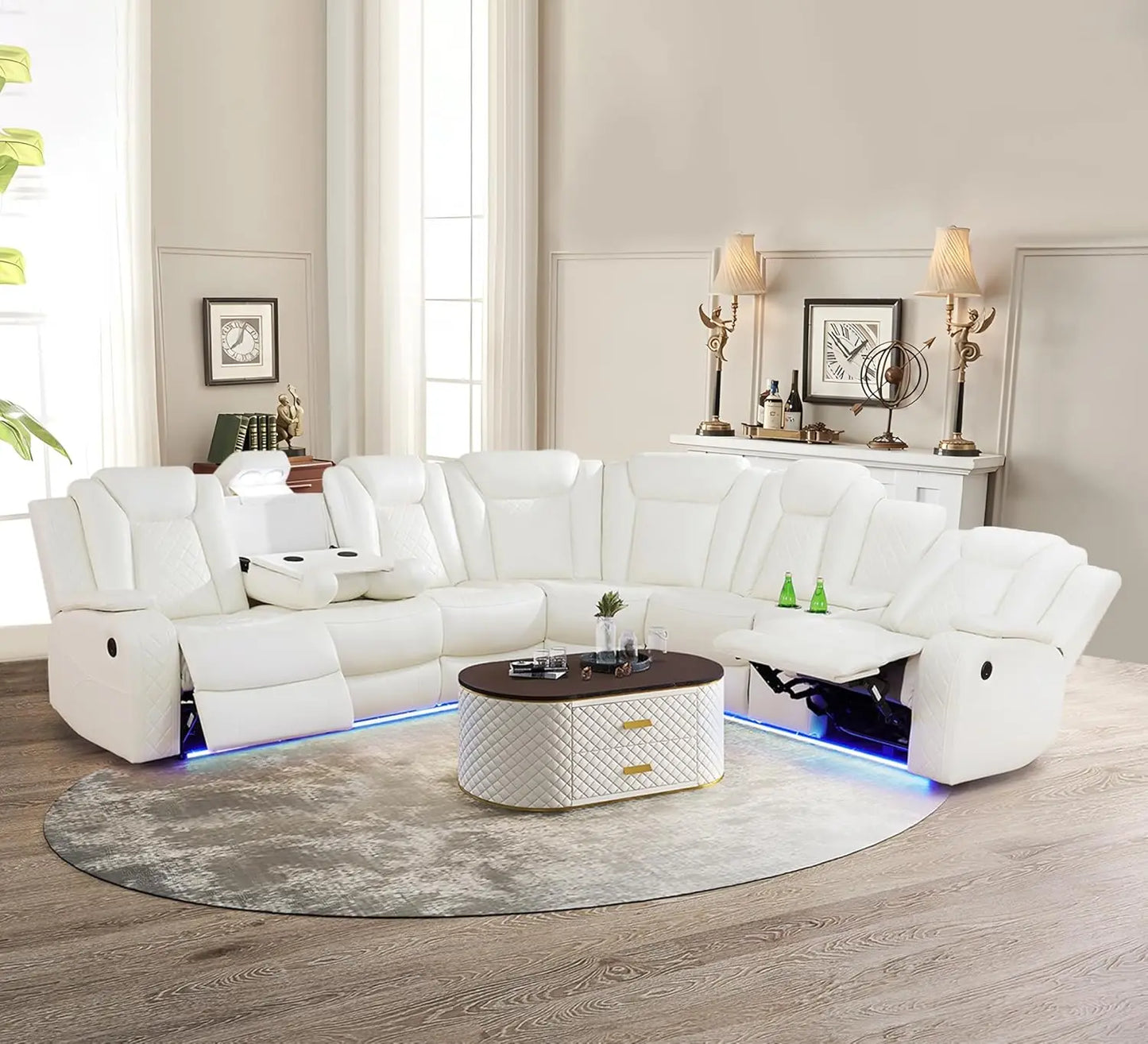 Power Recliner Sectional Sofa with LED Light, Breathing Leather Power Reclining Sofa, Sectional Reclining sofas with USB Port - Uknowucme