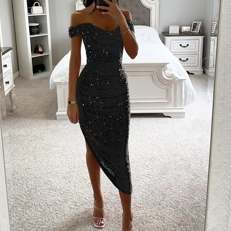 Sexy Sequin Patchwork Simple Maxi Dress, Women Summer Holiday Strapless Slim Party Dress, V Neck Elegant Ladies Dress Vestidos - Uknowucme