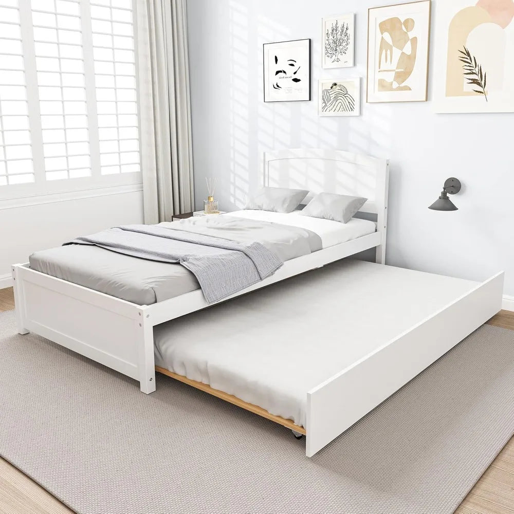 Twin Trundle Bed, Solid Wooden Pull Out Bedframe, Extendable Day Bed with Headboard and Soild Wood Slats Support, Bedroom