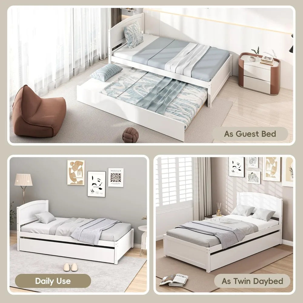 Twin Trundle Bed, Solid Wooden Pull Out Bedframe, Extendable Day Bed with Headboard and Soild Wood Slats Support, Bedroom