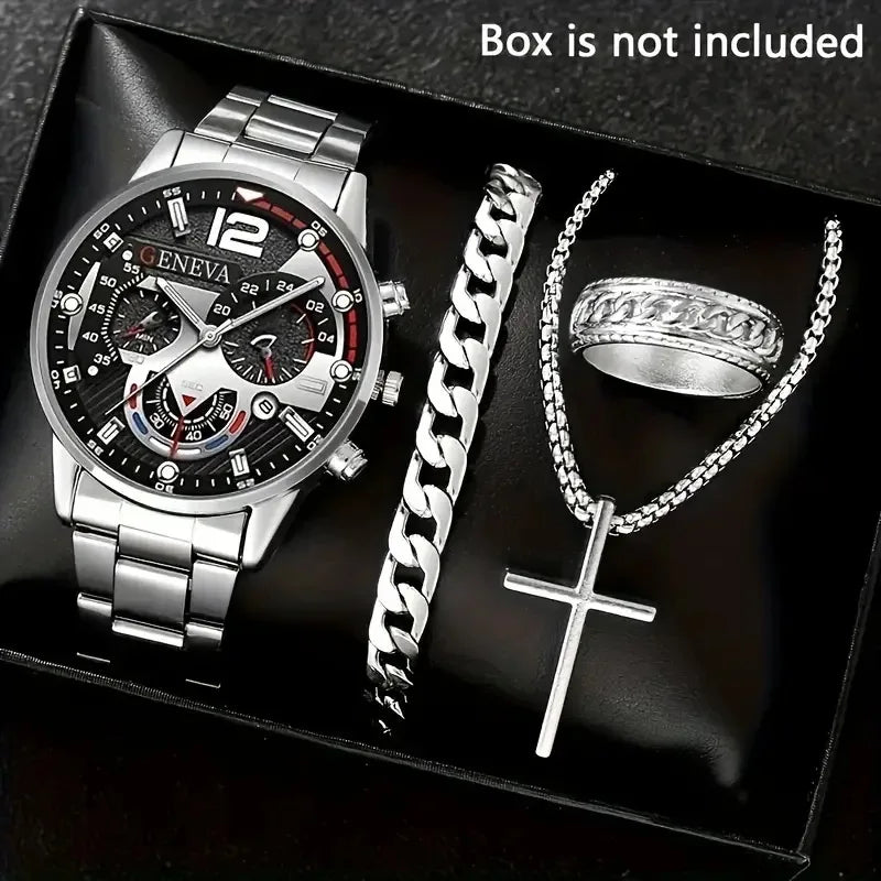 Fashion Roman Scale Quartz Wristwatch 4pcs Set Men Business Watch Fake Three Eyes Calendar Cross Necklace Bracelet Ring Set - Uknowucme