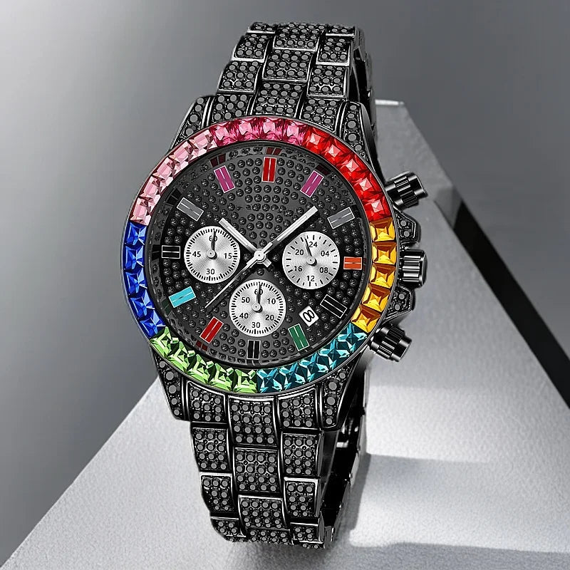 PINTIME Watches for Men Colour Diamond Ice Out Chronograph Bling Hip Hop Quartz Wristwatch Stainless Steel Buckle Waterproof 30M - Uknowucme