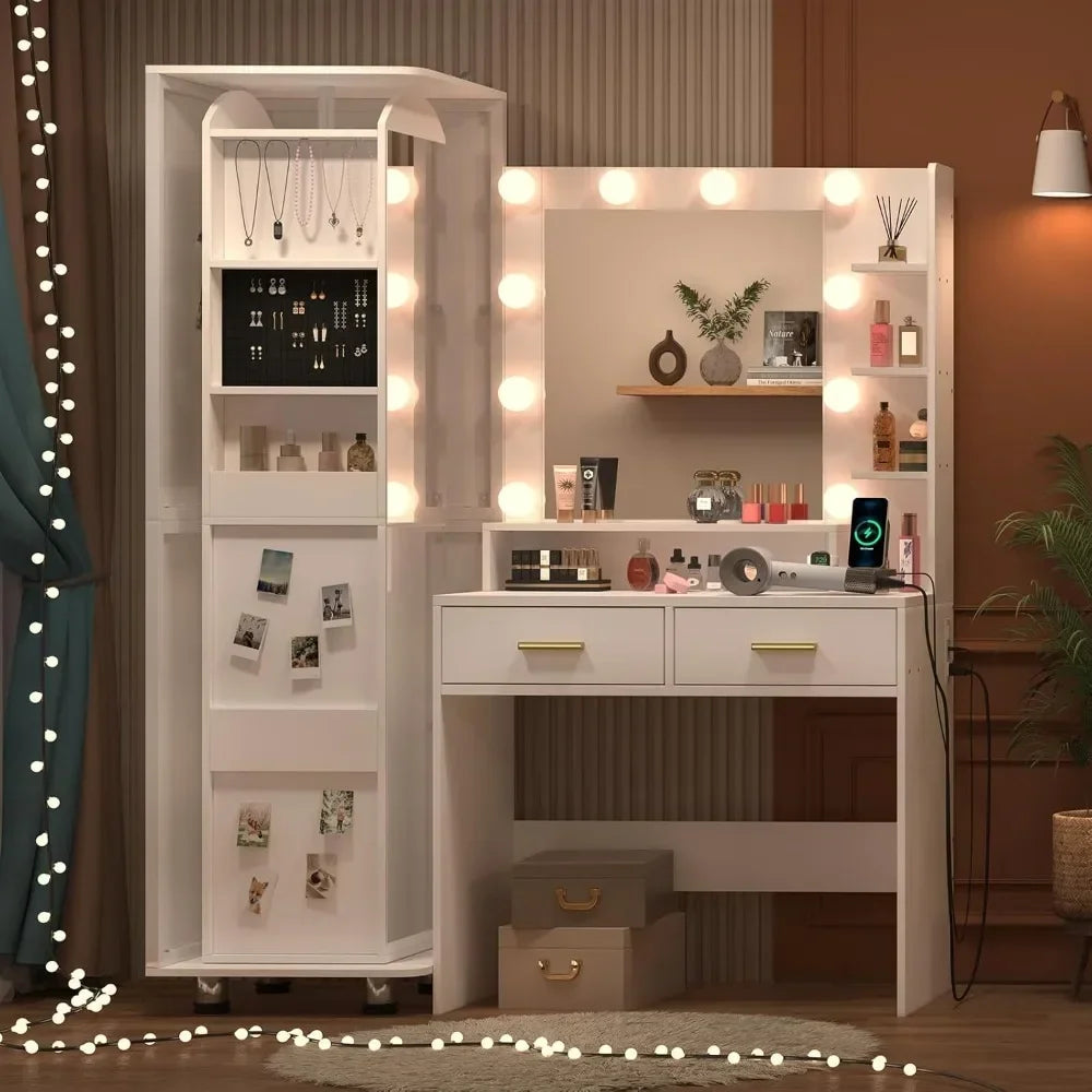 Vanity, 360° Swivel Cabinet with Full-Length Mirror, Jewelry Storage Shelf & Bulletin Board, Vanity Table with Charging Station - Uknowucme