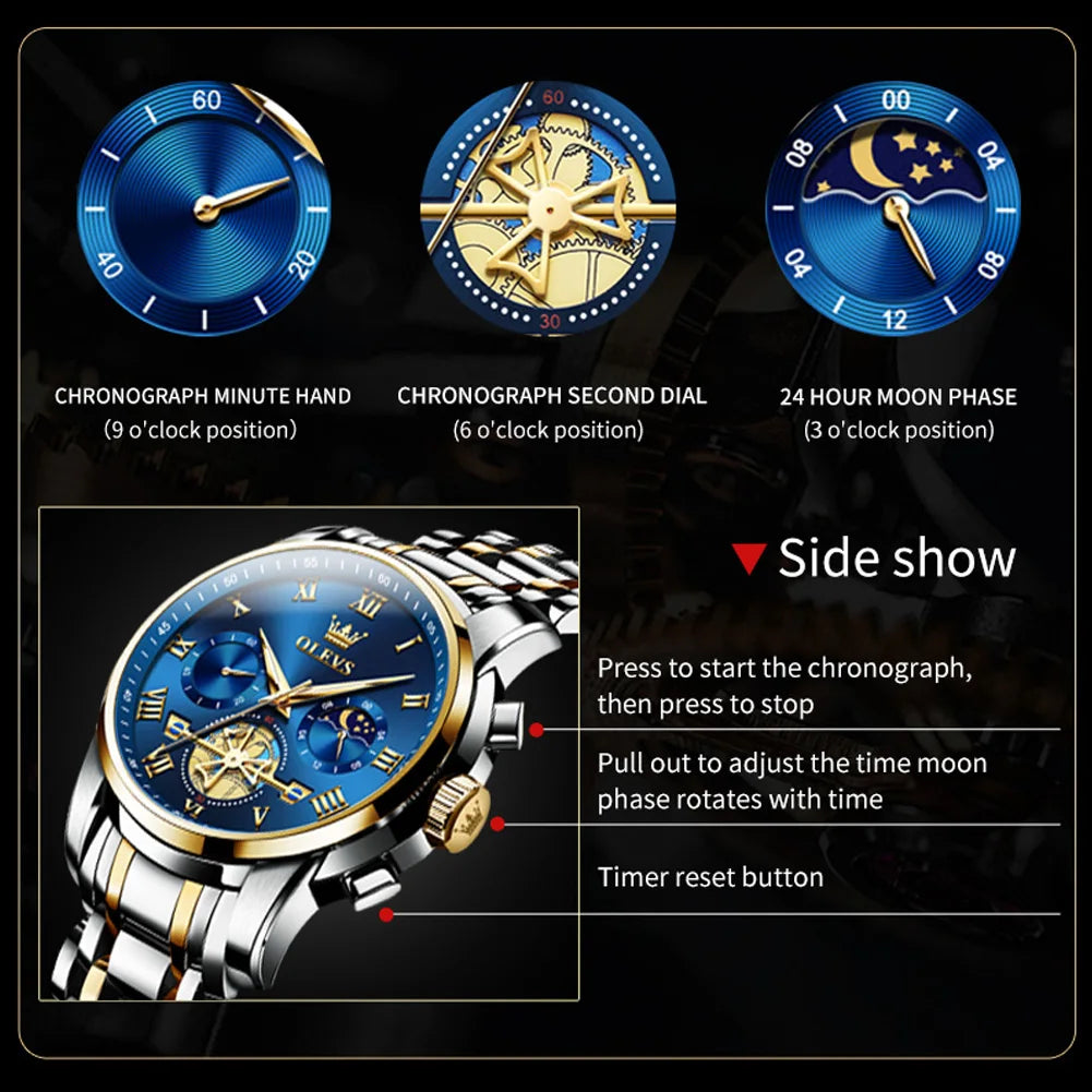 OLEVS 2859 Moon Phase Men Watches Chronograph High End Watches Man Stainless Steel Waterproof Quartz Watch for Men Luxury Brand - Uknowucme