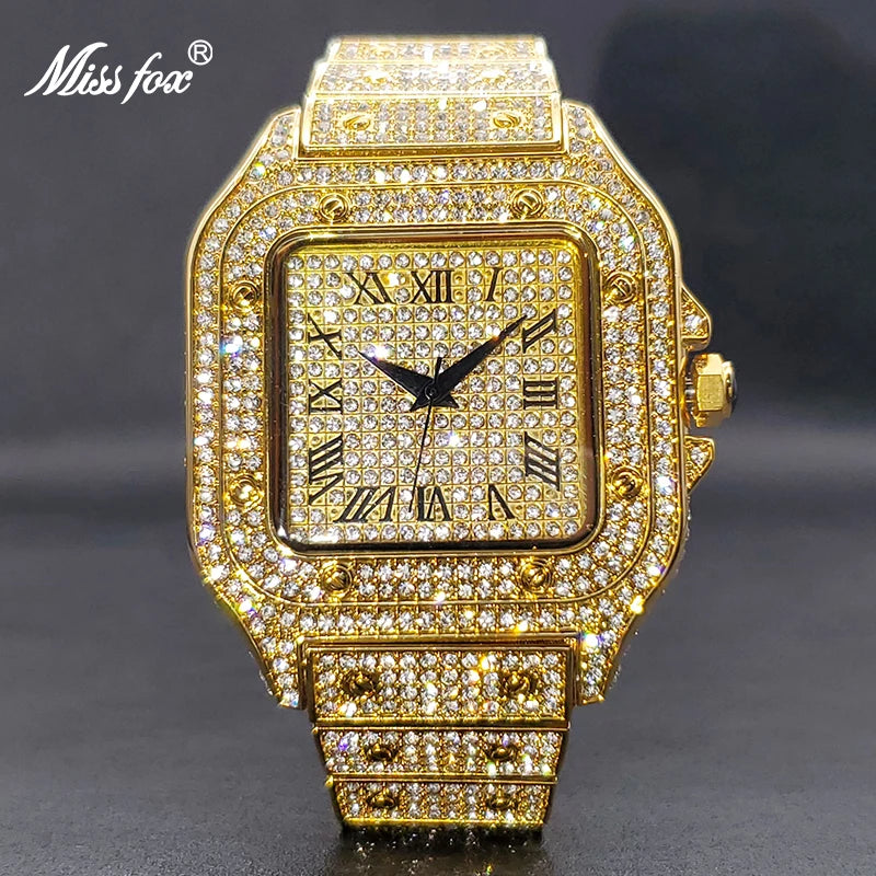 Ice Out Gold Watch For Men MISSFOX Street Style Hip Hop Waterproof Watches For Male Couple Wristwatches Jewelry Accessories - Uknowucme