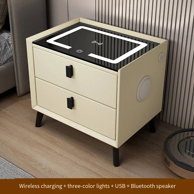 Luxurious Solid Wood Nightstand Three-Drawer Smart Bedside Table Compact Bedroom Leather Accents Integrated Wireless Charging