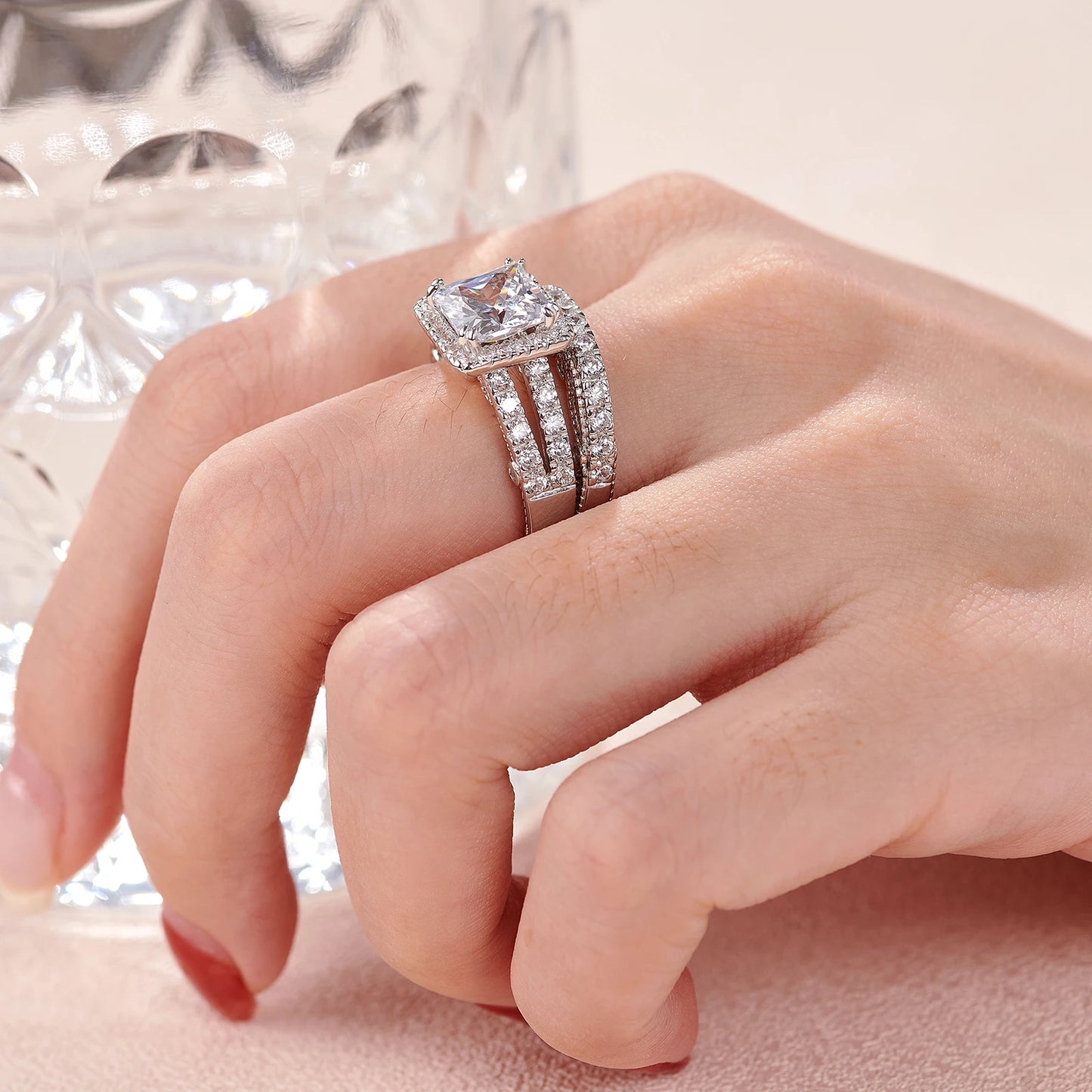 Newshe Vintage Wedding Rings for Women Solid 925 Sterling Silver 4Ct Princess Cut 5A Cubic Zircon 2Pcs Bridal Set Fine Jewelry - Uknowucme