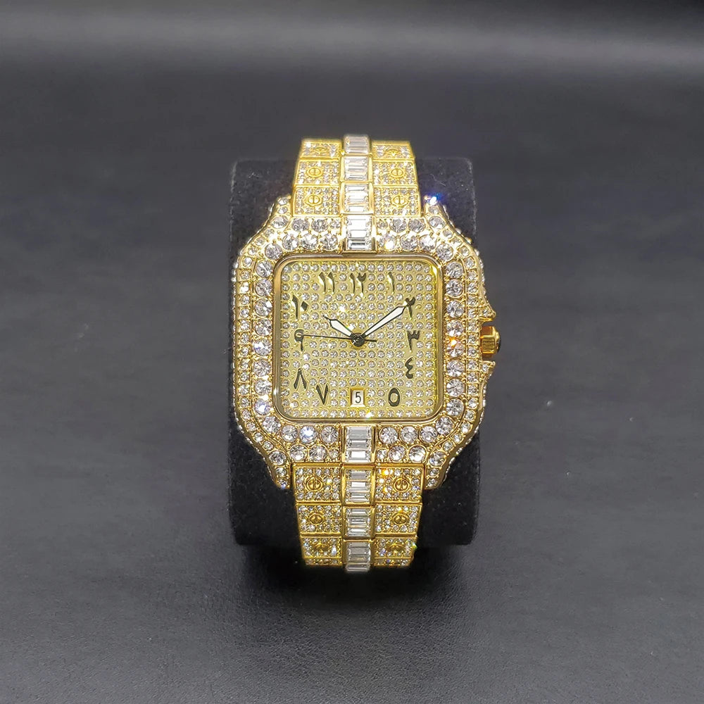 High Quality Gold Men's Watches Top Brand Luxury Full Diamond Bling Wristwatch Fashion Ice Out Stainless Steel Male Clock Gift - Uknowucme