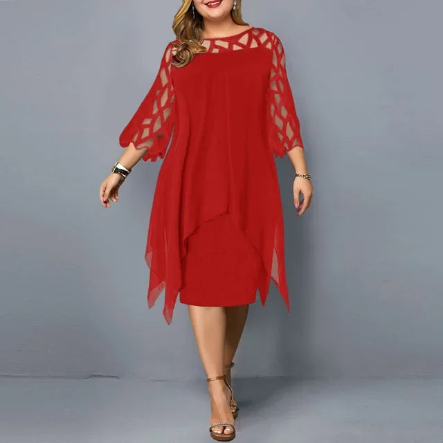Sleeve Hollow Out Solid Sexy Women'S Clothing Evening Dresses 2023 Elegant Midi Party Dress For Chubby Women Xxl O Neck Lace - Uknowucme