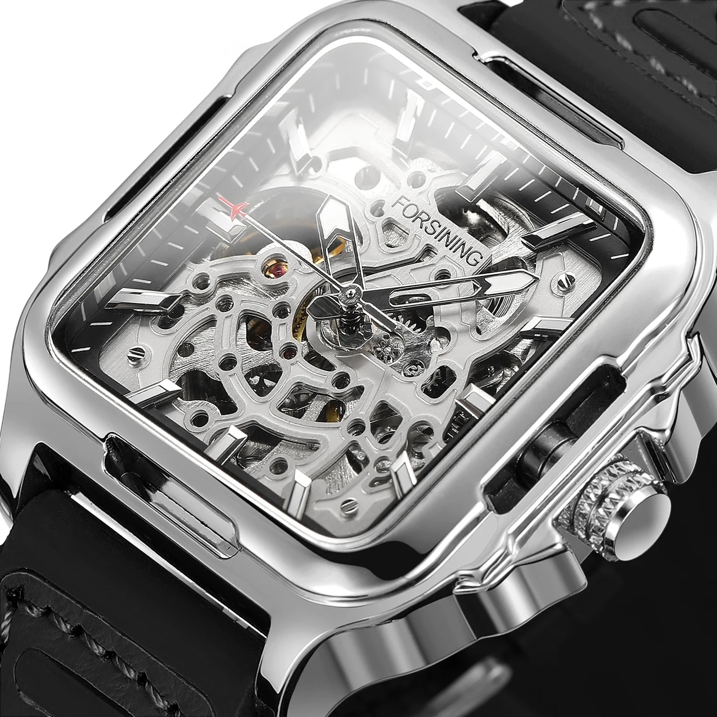 FORSINING Original Square Skeleton Mechanical Man Wristwatches Automatic Movement Field Sports Waterproof Silicone Replica Watch - Uknowucme