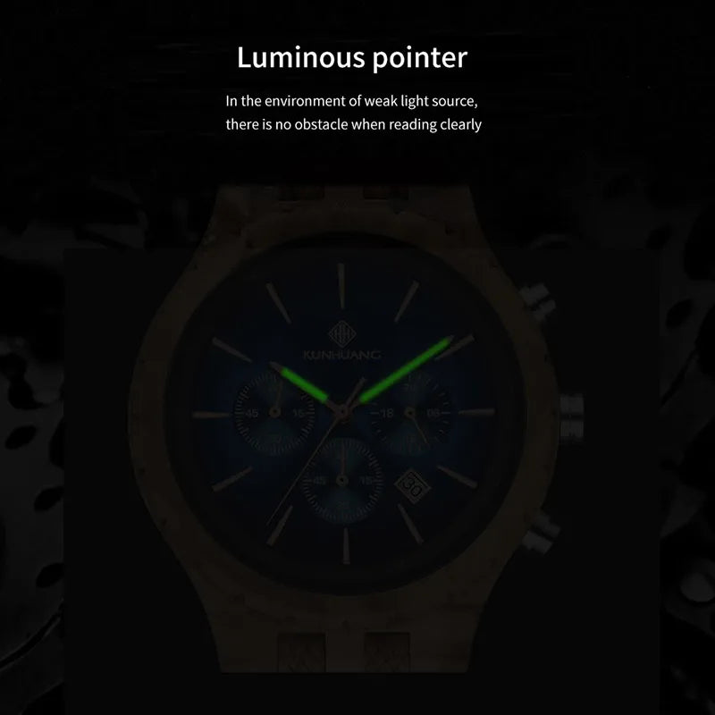 KUNHUANG Handmade Wooden Watch Multifunction Dial Mens Quartz Watch Luxury Luminous Chronograph Custom Logo relógio masculino - Uknowucme