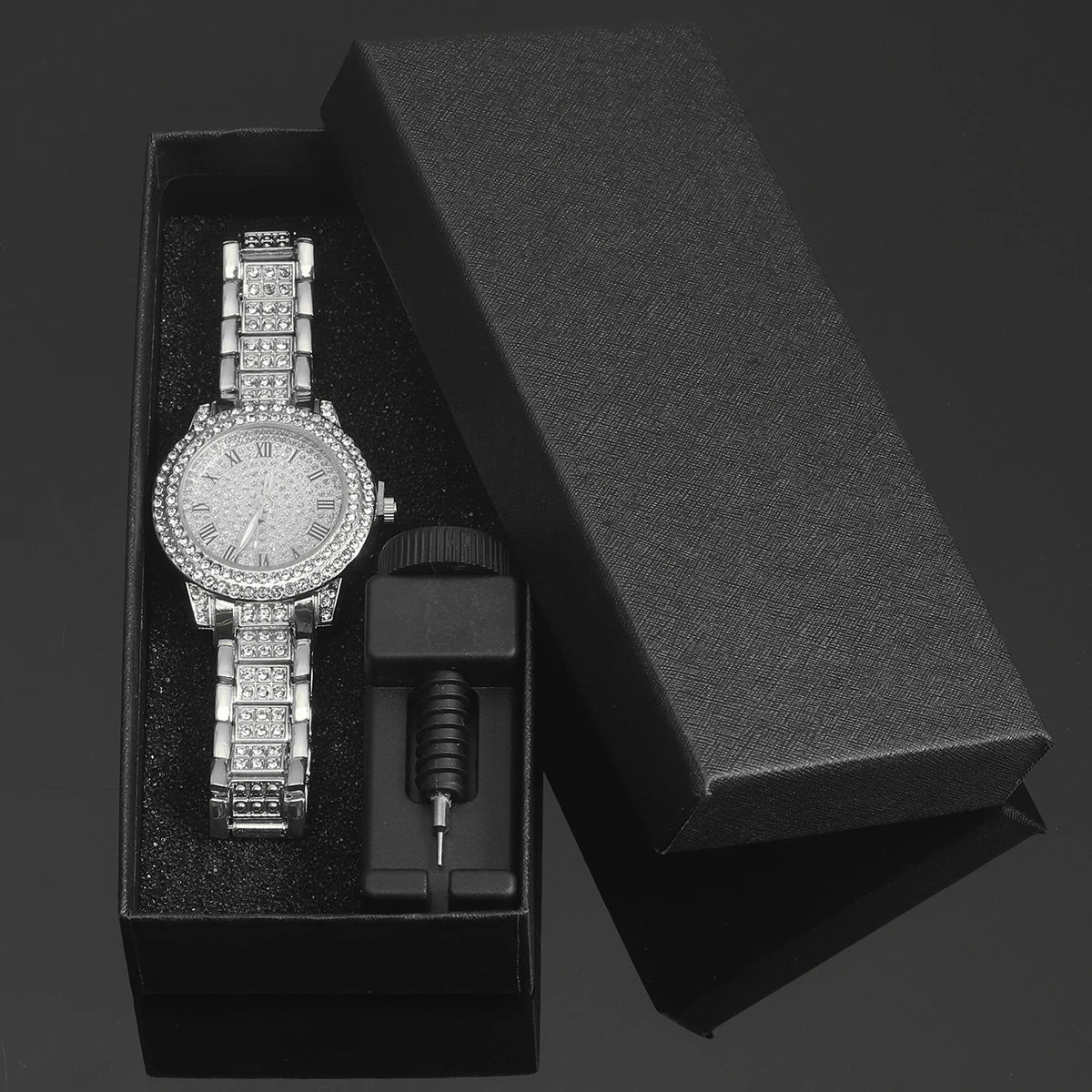 Light Luxury Stylish Women Watch Iced Out Filled With Diamonds Trend Watch Personality Accessories Jewelry Set Gift Box - Uknowucme