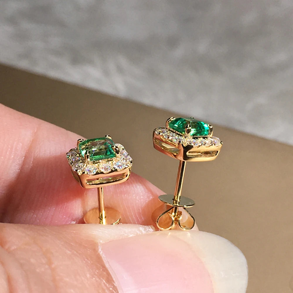Huitan Eternity Green CZ Stud Earrings for Women Gold Color Luxury Bride Wedding Earrings Elegant Ear Accessories Party Jewelry - Uknowucme