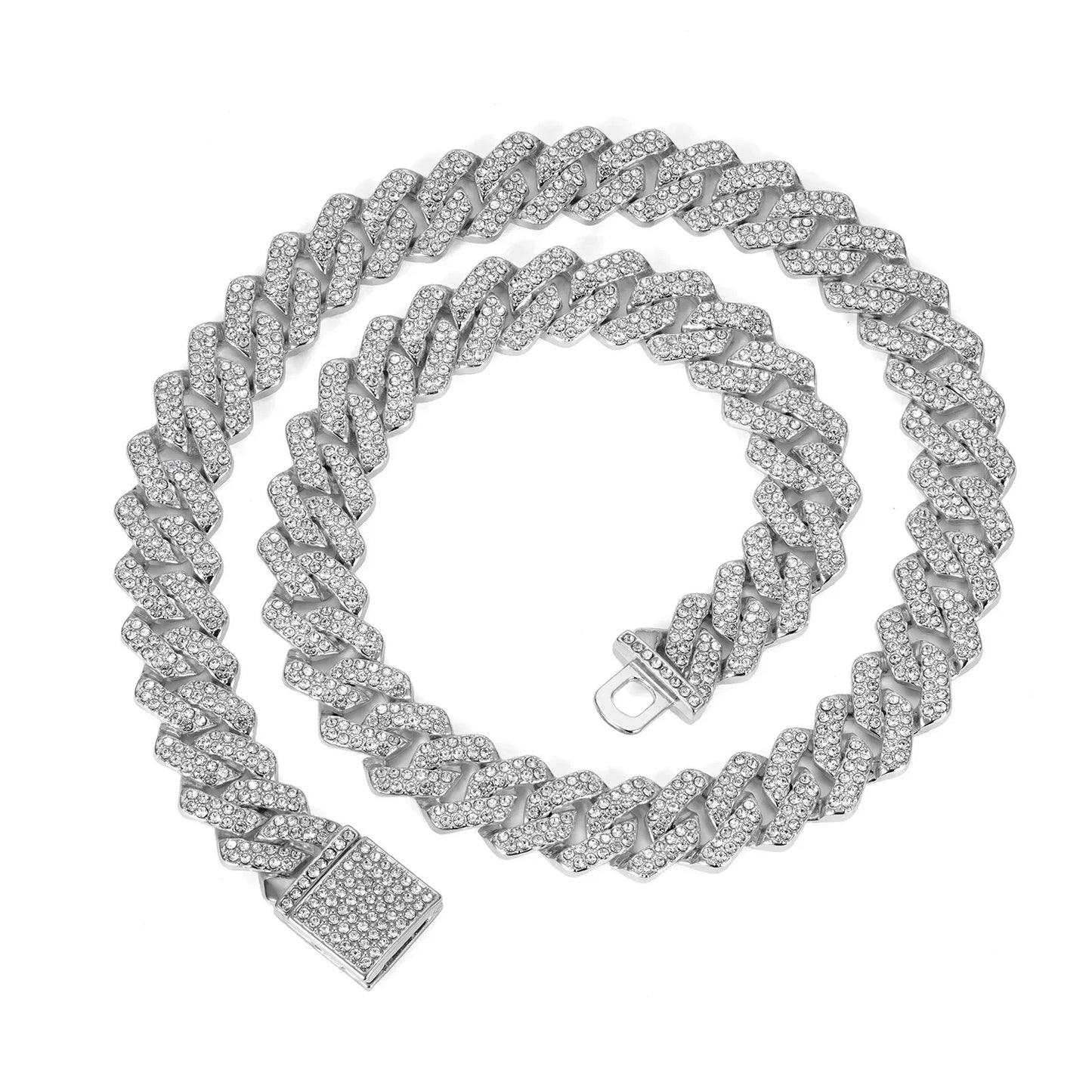 Hip Hop Shiny 15MM Cuban Link Chain Necklace Women Men Silver Color Rhinestone Iced Out Cuban Chain Punk Jewelry Necklace Gift - Uknowucme