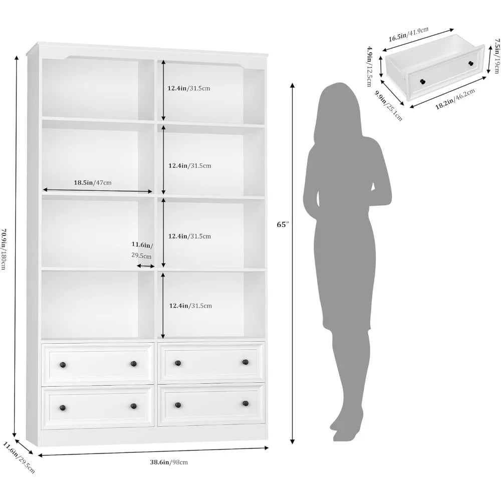 71" Tall Bookshelf with 4 Drawers, 6-Tier Double Wide Bookshelves and Bookcases with Storage, White Bookshelf Large Op