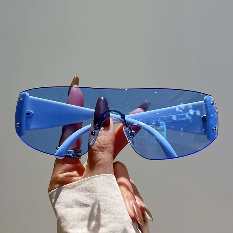 Y2K Rimless Brand Designer Sunglasses Women For Men 2023 One Piece Trending Luxury Sun Glasses Rivet Steampunk Pink Shades UV400 - Uknowucme