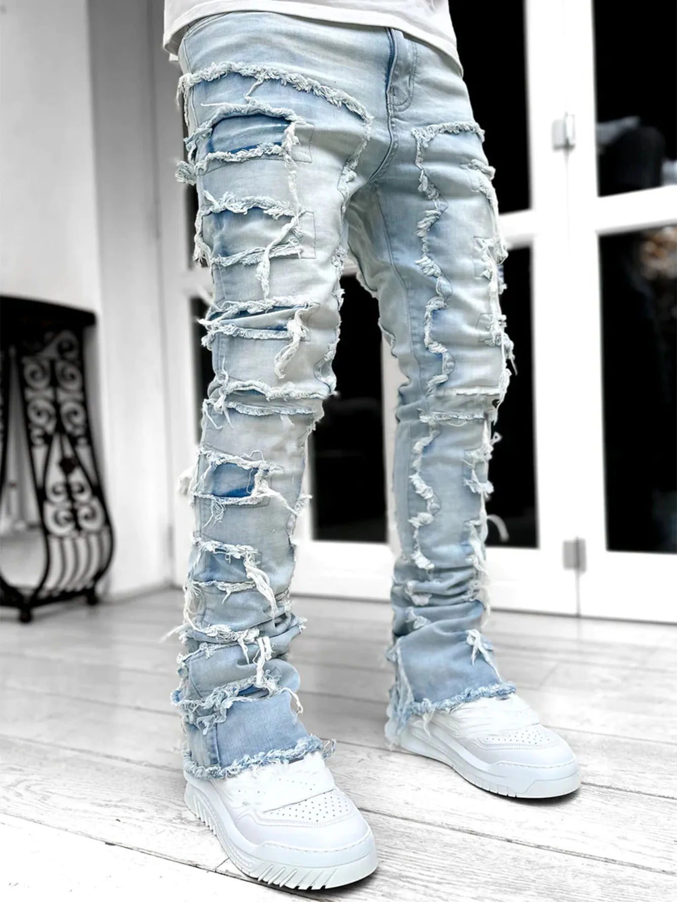 Spliced Distressed Denim Pants Men Jeans Ripped Mid Waist Pockets High Street Jean Skinny Washed Ankle Length Pencil Pants - Uknowucme