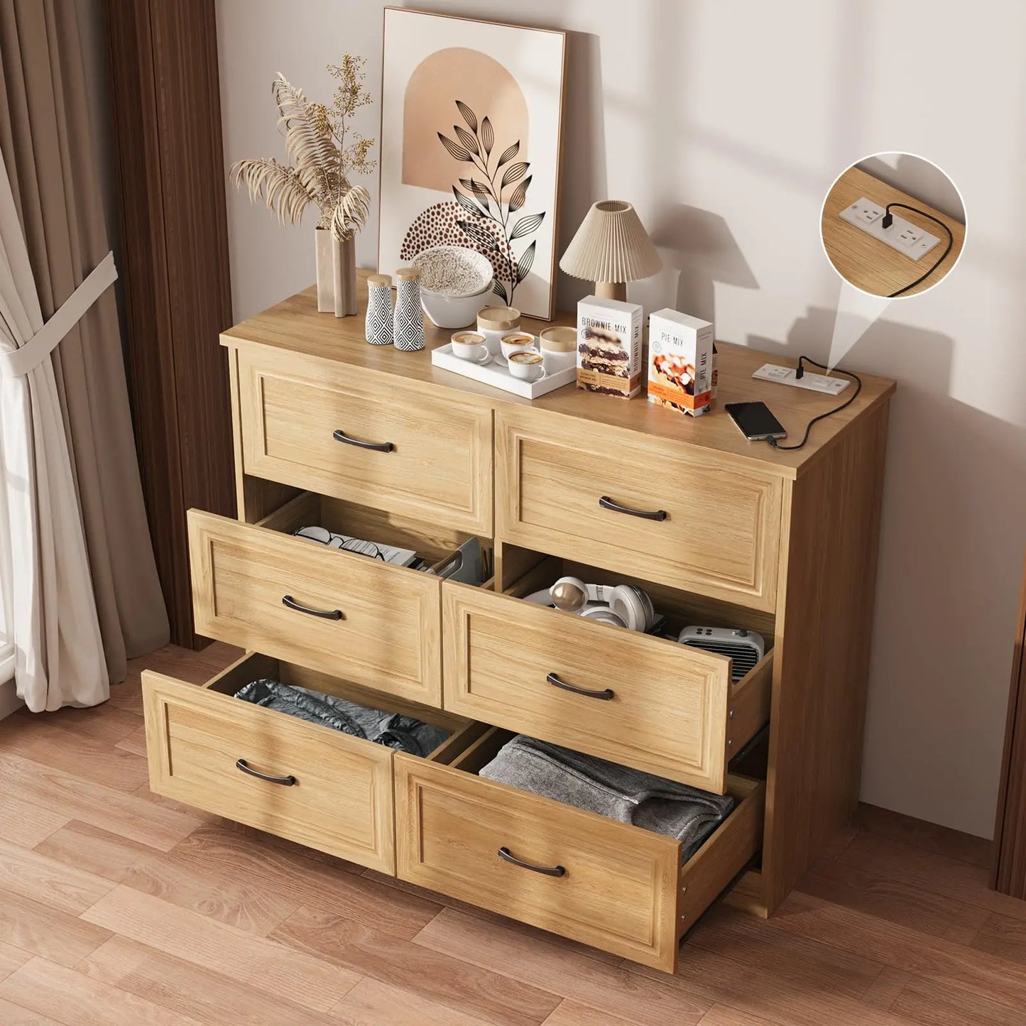 Vabches 6 Drawer Dresser for Bedroom Wood Chest of Drawers with Power Strip Tall Dresser Organizer with Metal Handle for Hallway - Uknowucme