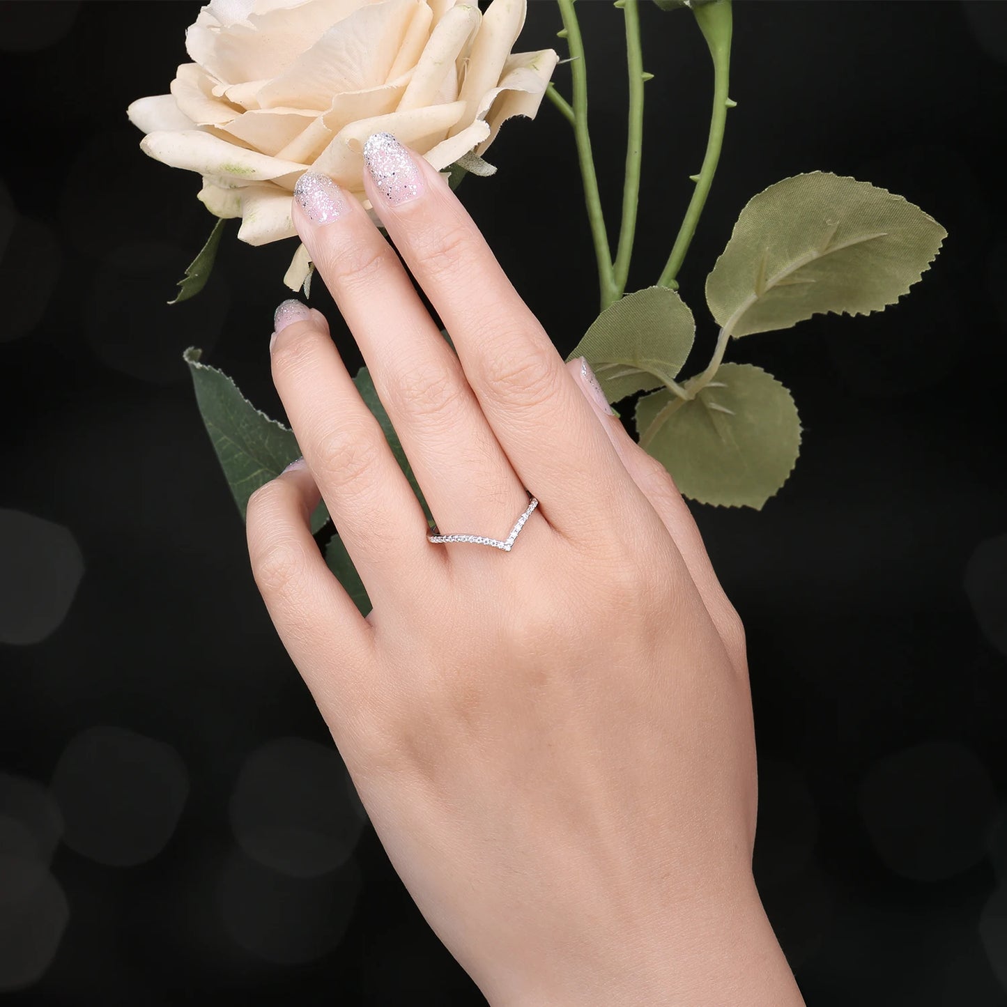 JewelryPalace Moissanite D Color Round Cut 925 Sterling Silver V Shape Stackable Wedding Ring for Woman Yellow Rose Gold Plated - Uknowucme