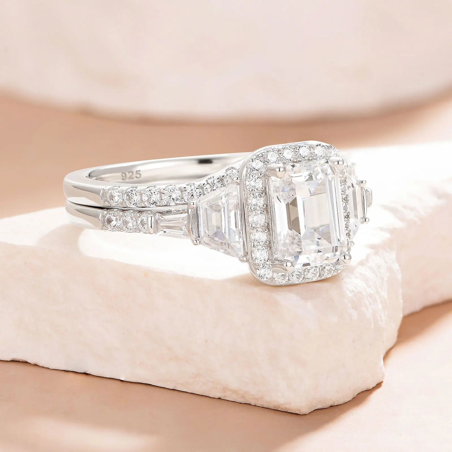 Newshe Wedding Rings for Her AAAAA Cubic Zircon Women's Bridal Sets 925 Sterling Silver Emerald Cut Engagement Ring Size 5-10 - Uknowucme