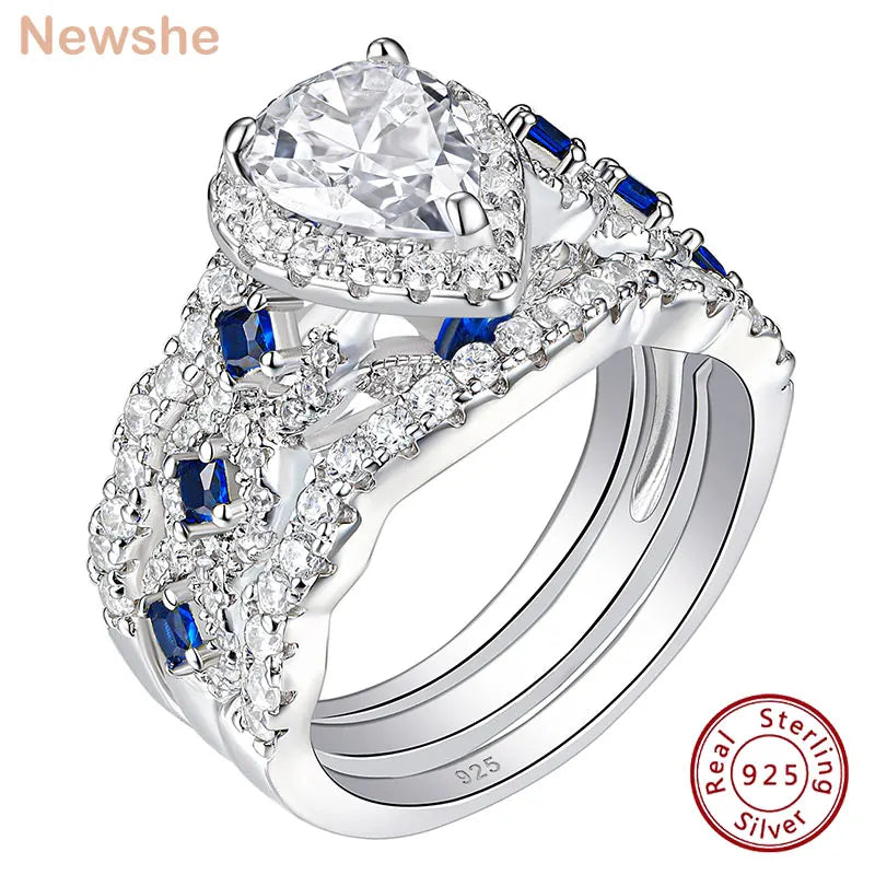 Newshe 3 Pcs Wedding Rings Set for Women Engagement Ring 925 Sterling Silver Water Drop Lab Sapphire White and Blue CZ Gemstone - Uknowucme