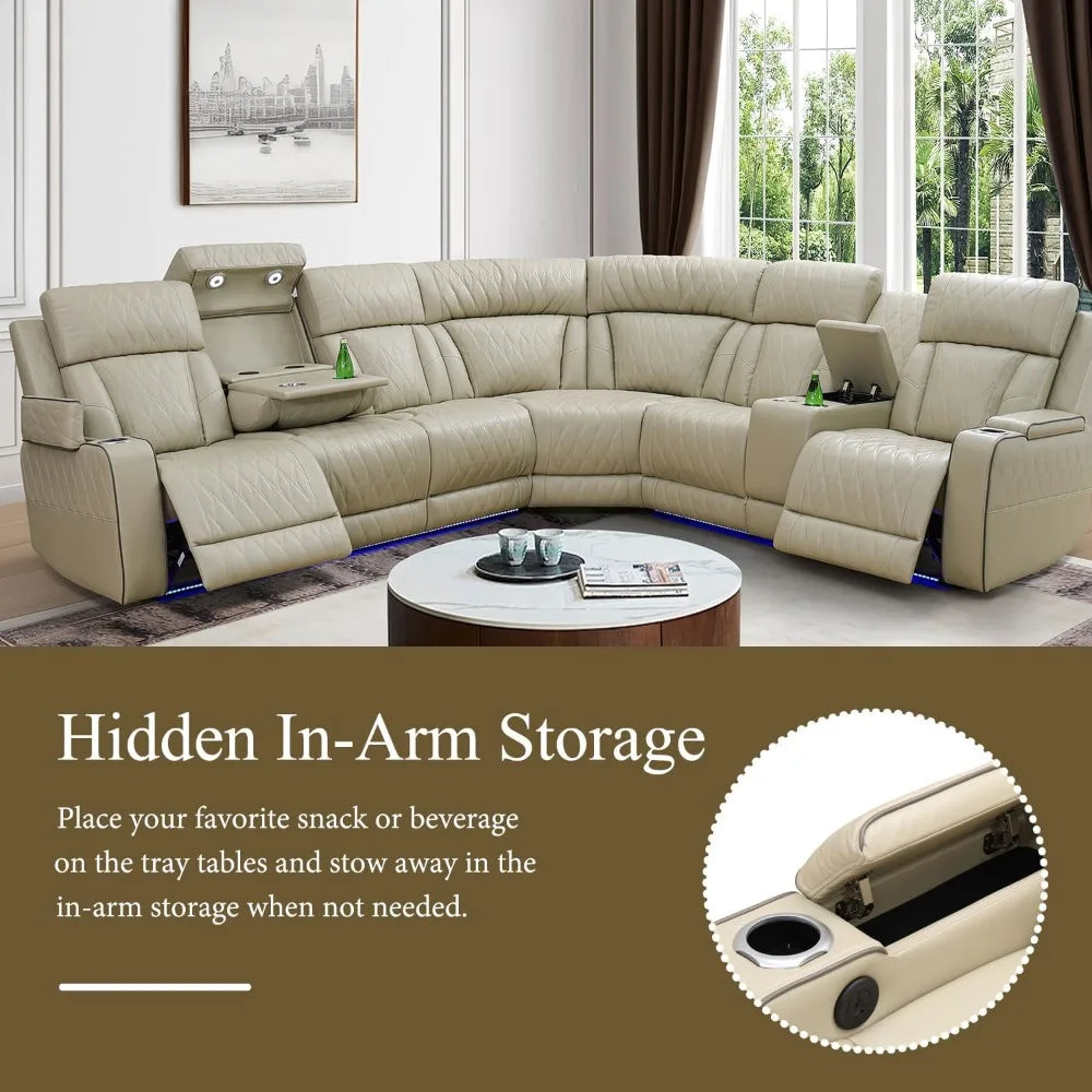 Power Recliner Sectional Sofa with LED Light, Breathing Leather Power Reclining Sofa, Sectional Reclining sofas with USB Port - Uknowucme